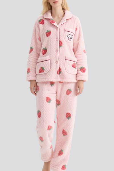 strawberry-print-thickened-plush-pajamas-set