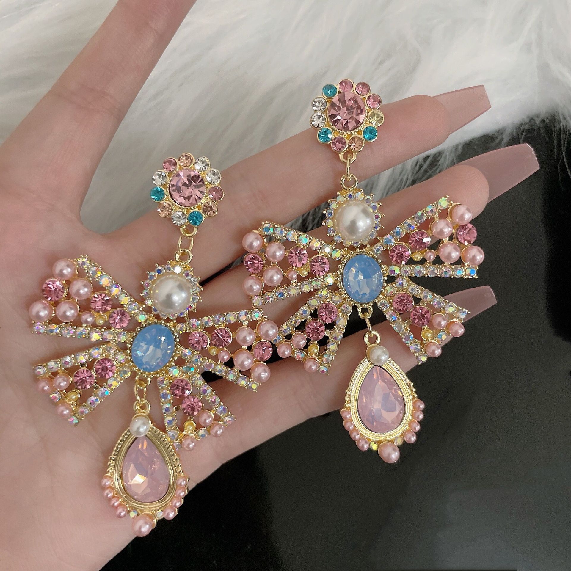 Long-style bow-shaped stud earrings with rhinestones and pearls s925 Silver image 2