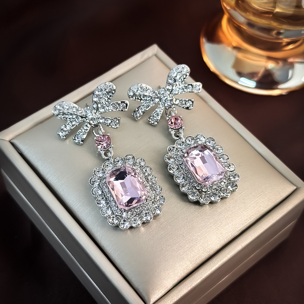 Luxury Pink Square Zircon Bowknot Earrings With Diamond Large Gemstones As Ear Studs image 4