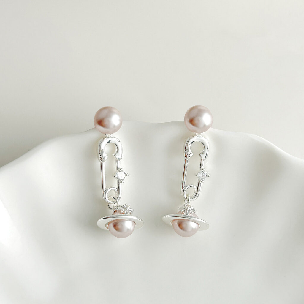 Retro Mantua Rose Pink Pearl Scroll Pin Saturn Earring Unique Design Eardrop