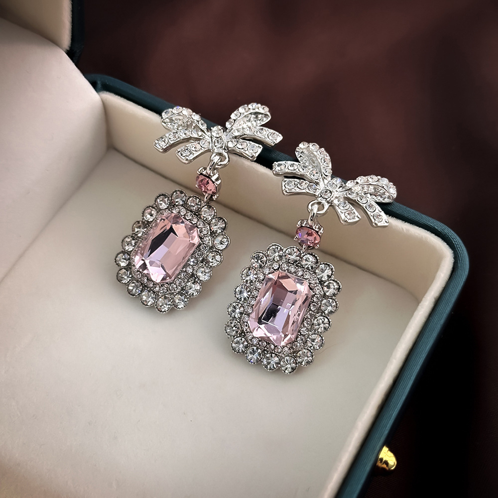 Luxury Pink Square Zircon Bowknot Earrings With Diamond Large Gemstones As Ear Studs image 3