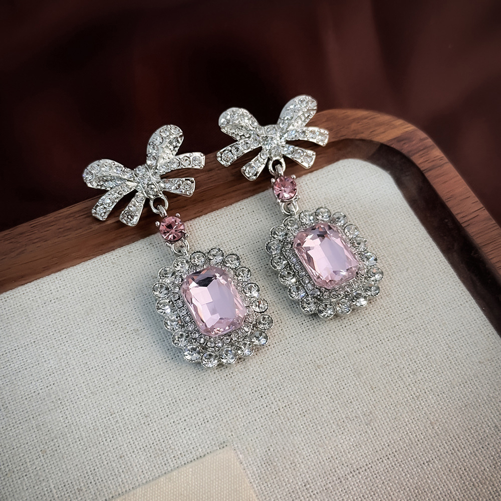 Luxury Pink Square Zircon Bowknot Earrings With Diamond Large Gemstones As Ear Studs image 2