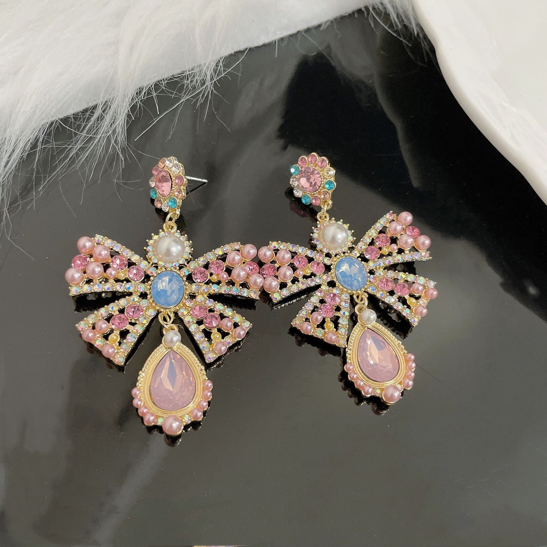 Long-style bow-shaped stud earrings with rhinestones and pearls s925 Silver image 1