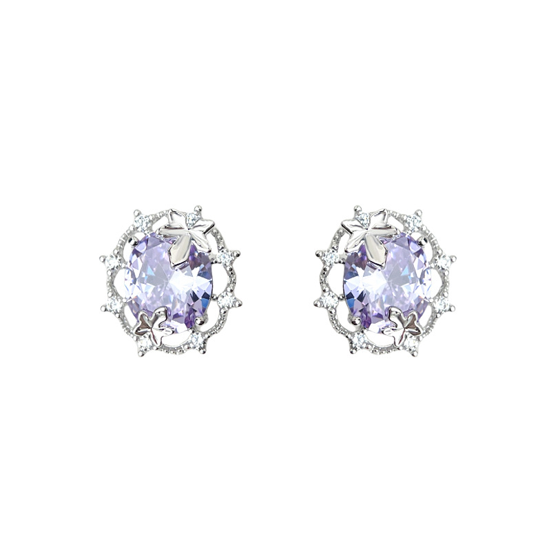 Luxury-Style Maple Leaf Purple Zirconia Set Ellipse Earrings image 1