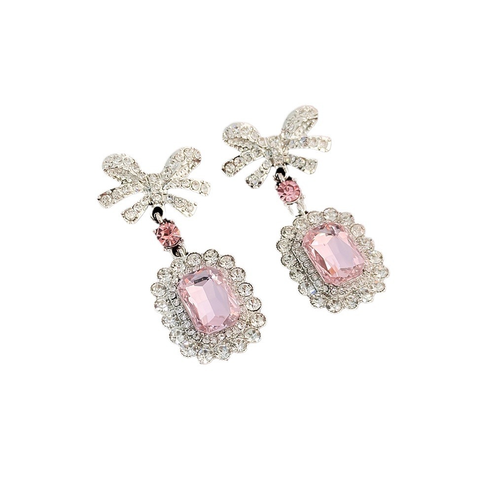 Luxury Pink Square Zircon Bowknot Earrings With Diamond Large Gemstones As Ear Studs image 1