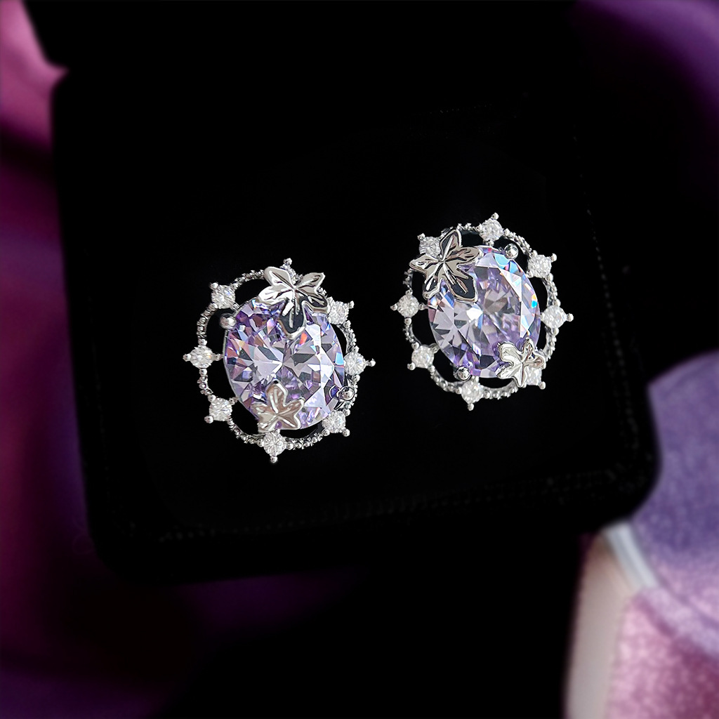 Luxury-Style Maple Leaf Purple Zirconia Set Ellipse Earrings image 4