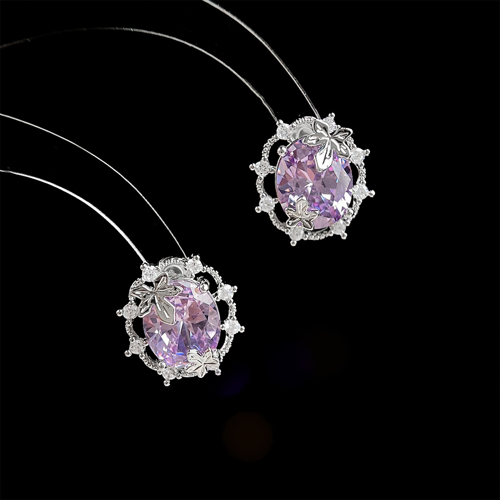 Luxury-Style Maple Leaf Purple Zirconia Set Ellipse Earrings image 2