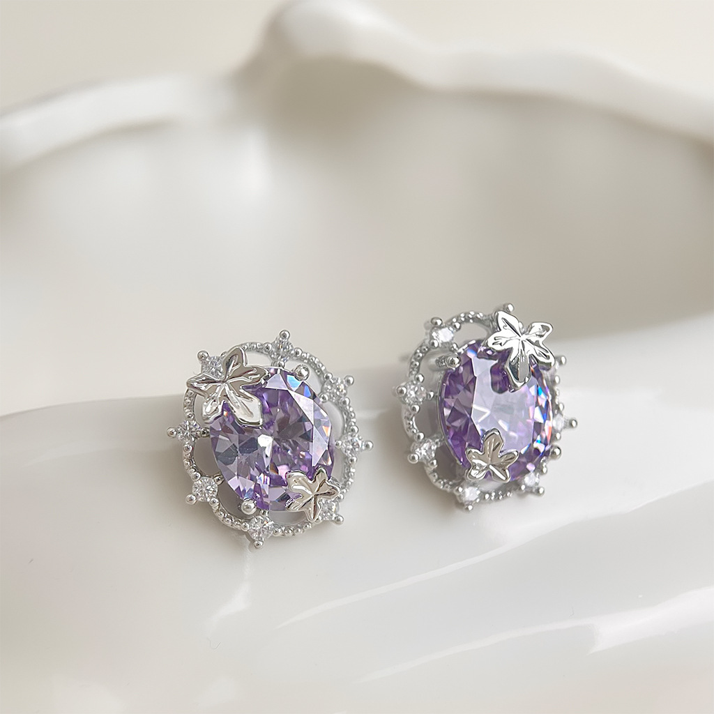Luxury-Style Maple Leaf Purple Zirconia Set Ellipse Earrings image 3